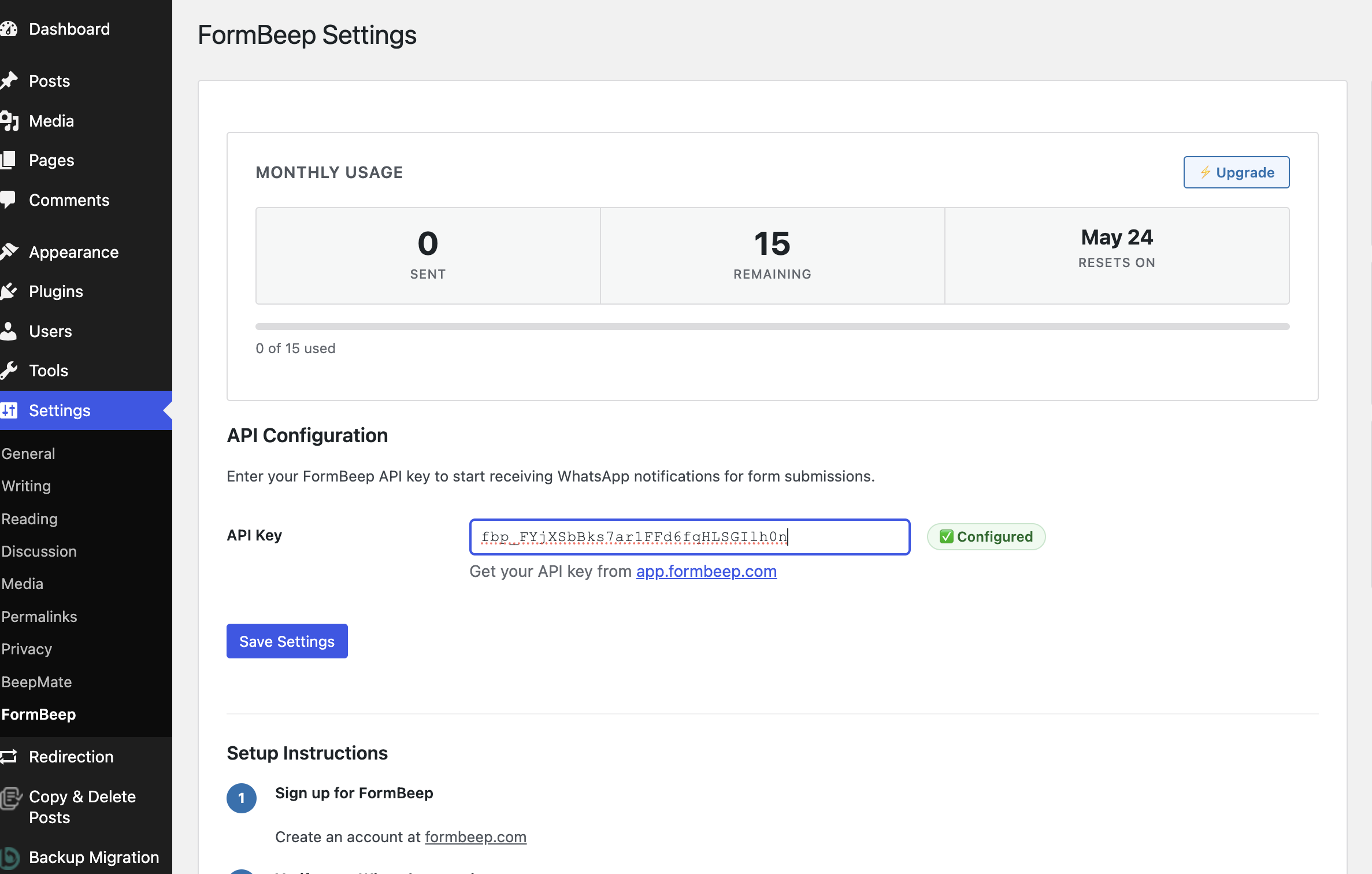 FormBeep Settings Page